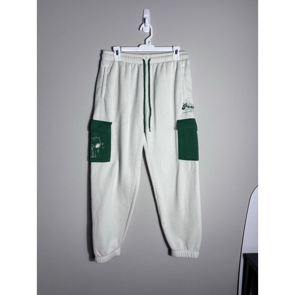 Peanuts Snoopy Sweatpants Woman’s Size L Cream & Green Drawstring Cargo Cuffed